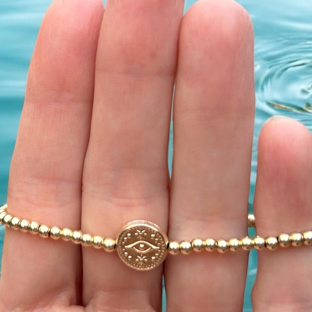 Evil eye Waterproof Bracelet GOLD FILLED Beads stretch no tarnish wear in shower